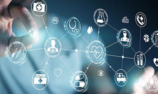 Healthcare technology network representing connected infrastructure sectors